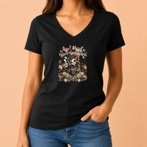 Original Halloween Skeleton Girl Coffee Watercolor V-Neck Shirt