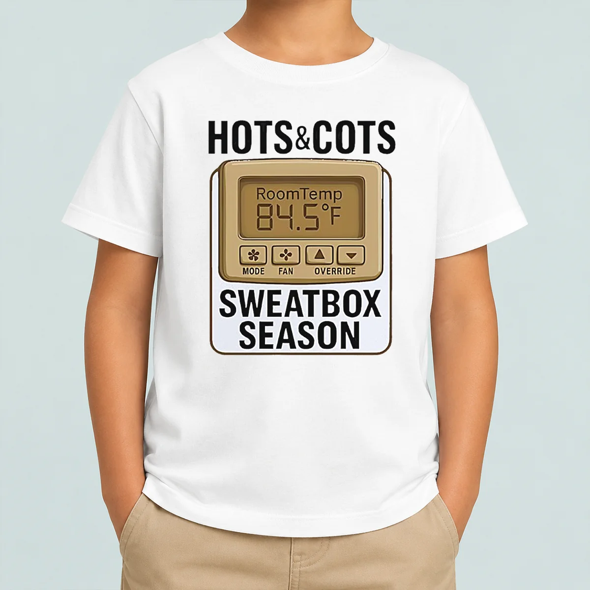 Original Hots And Cots Sweatbox Season Thermostat Kids T Shirt in vibrant colors, short-sleeve cotton tee for children