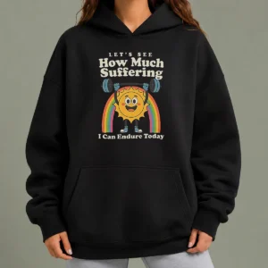 Original How Much Suffering Hoodie in black with front pocket and adjustable drawstring hood