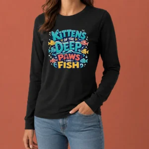 Original Kittens Of The Deep Paws And Fish Typography long sleeve shirt in white with playful kitten and fish design