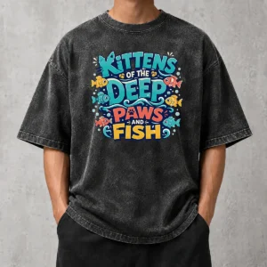 Original Kittens Of The Deep Paws And Fish Typography Washed T-Shirt