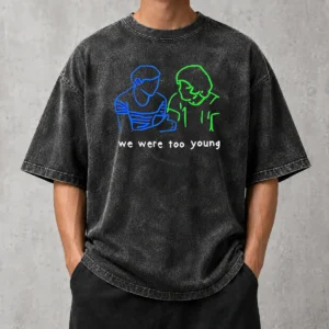 Original We Were Too Young Line Art Couple Washed T Shirt in soft cotton fabric with a relaxed fit