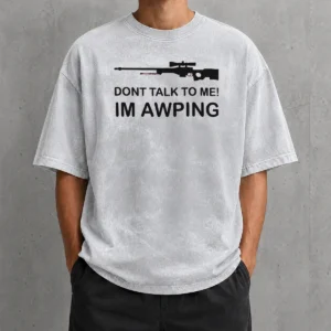 Perfect Pretty Gaming Gamer Gear AWP Sniper Rifle Dont Talk To Me Im Awping washed t shirt in light gray with bold graphic print