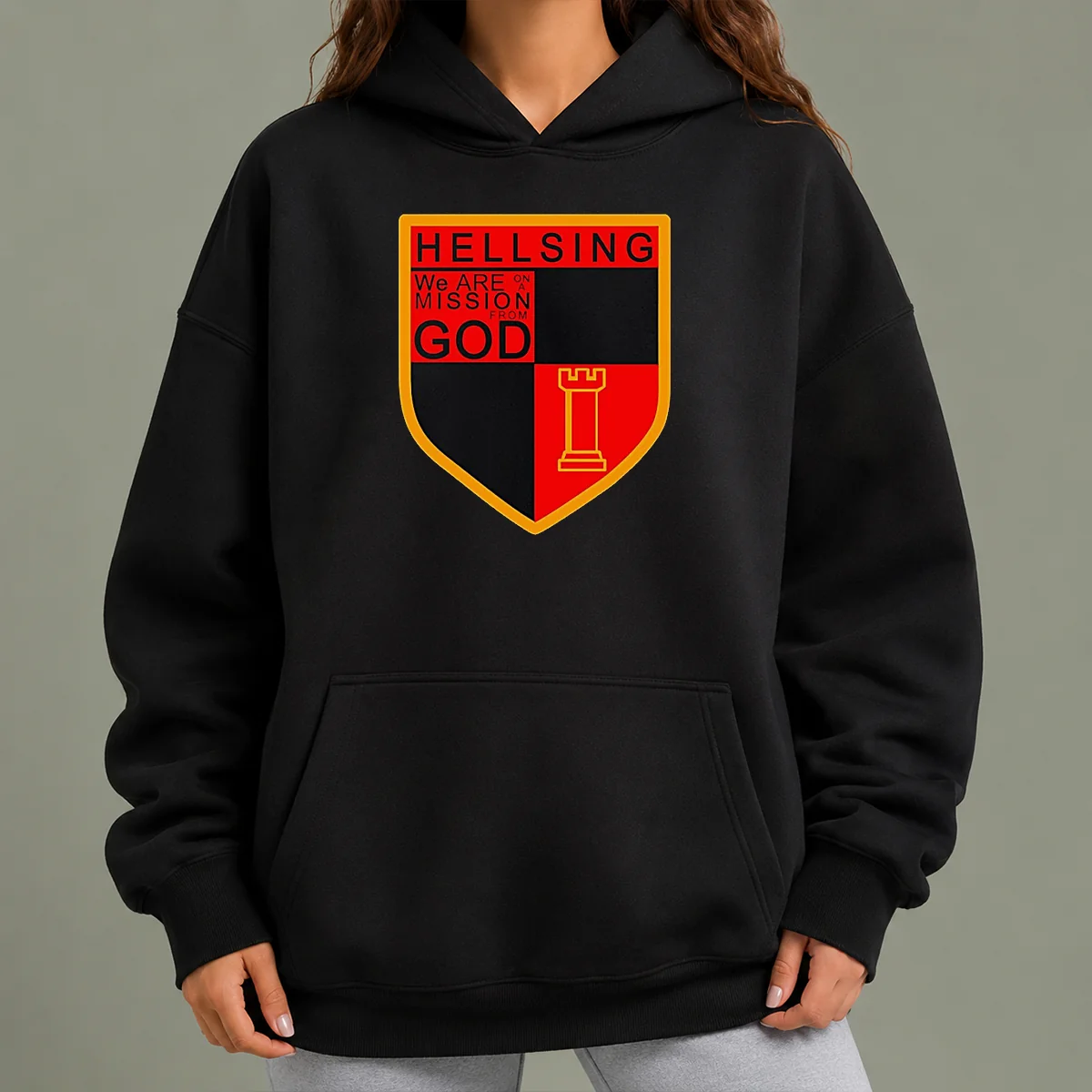 Premium Hellsing We Are On A Mission From God Shield Emblem Hoodie in black with front emblem print