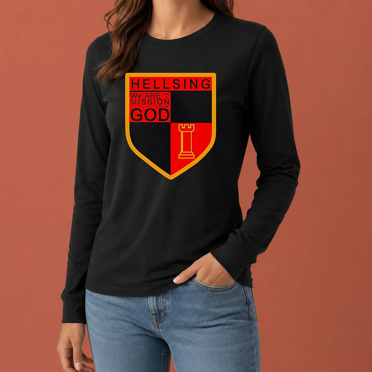 Premium Hellsing We Are On A Mission From God Shield Emblem long sleeve shirt in black with bold emblem on chest
