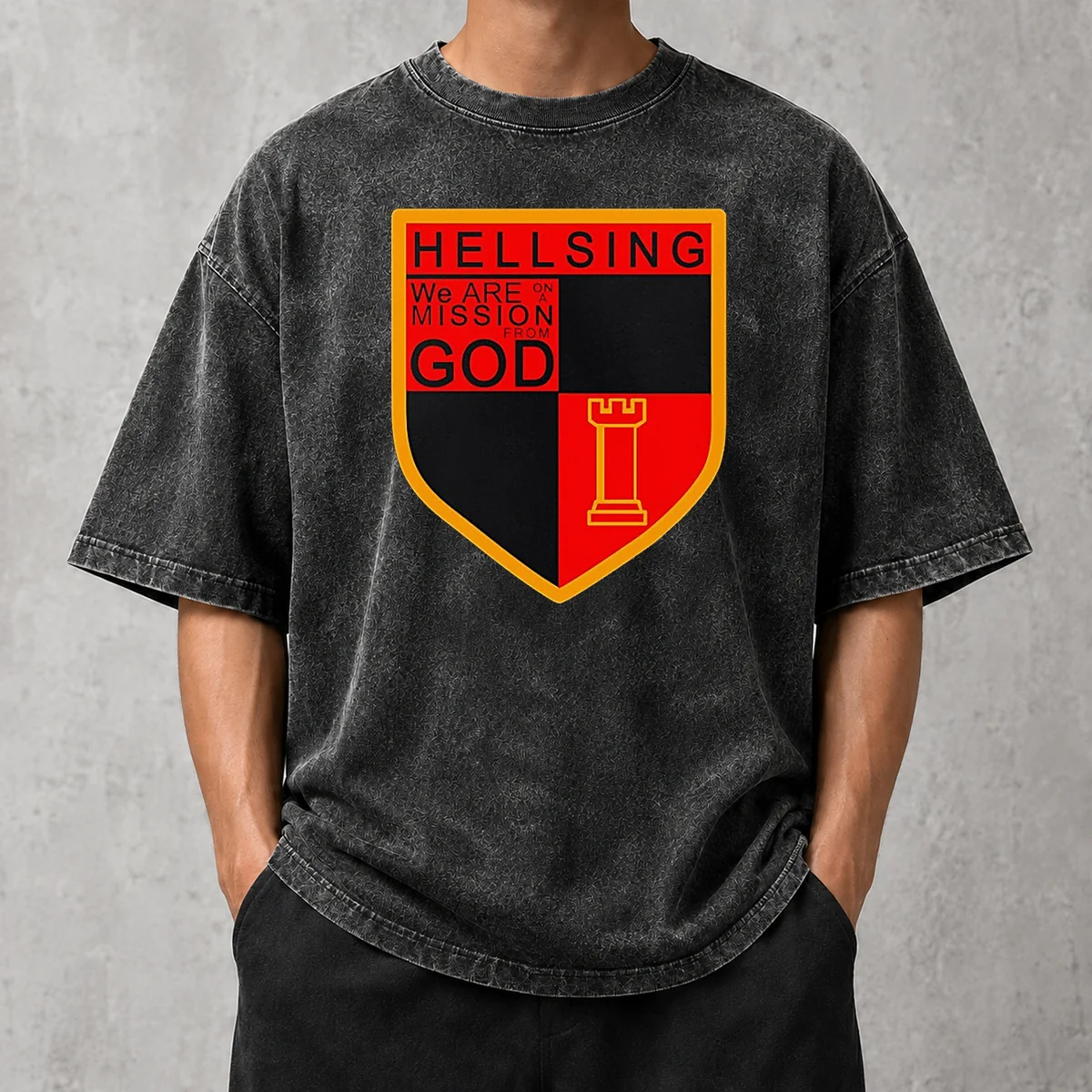 Premium Hellsing We Are On A Mission From God Shield Emblem washed t shirt in faded black