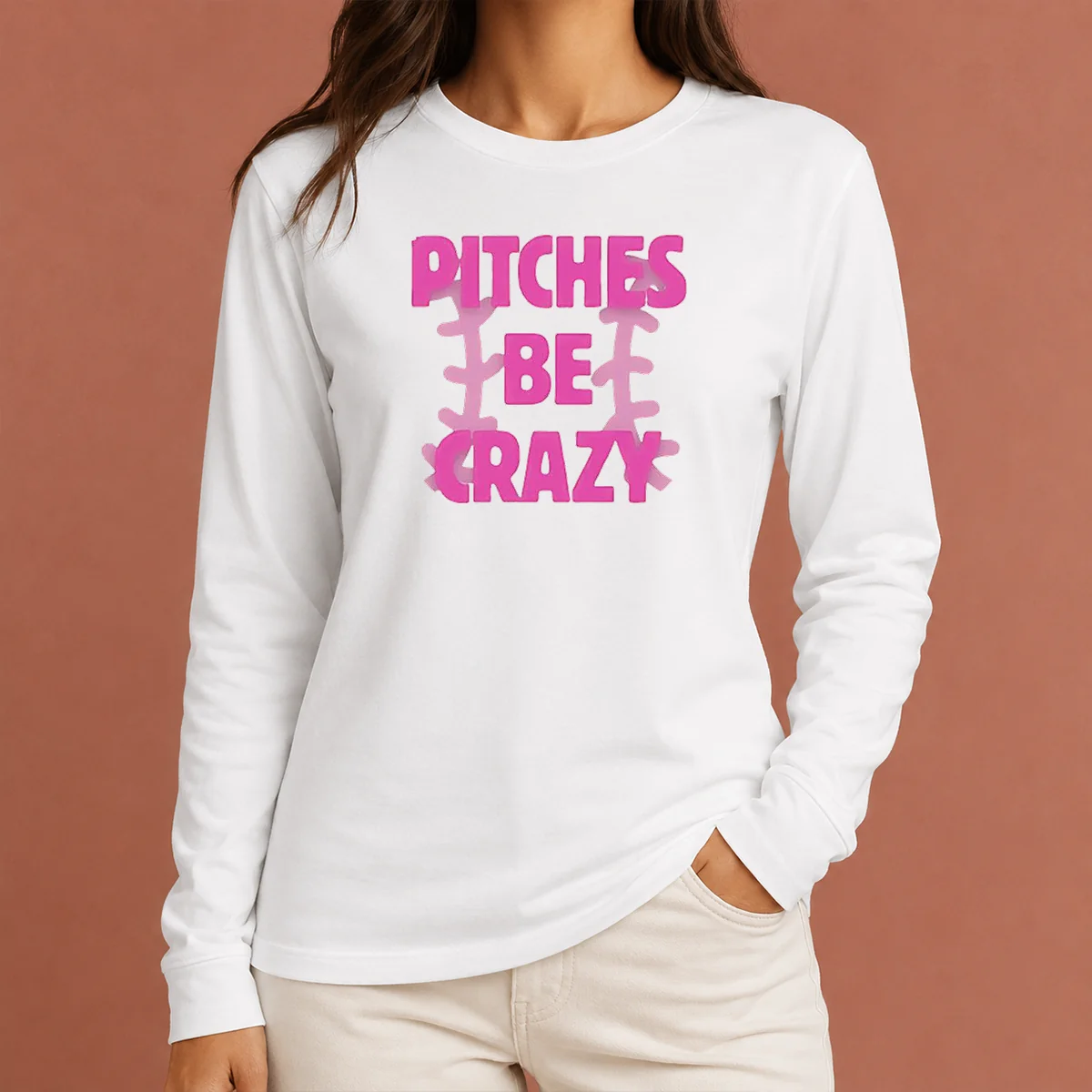 Premium Softball Apparel Pitches Be Crazy long sleeve shirt in soft fabric with bold softball-themed graphic