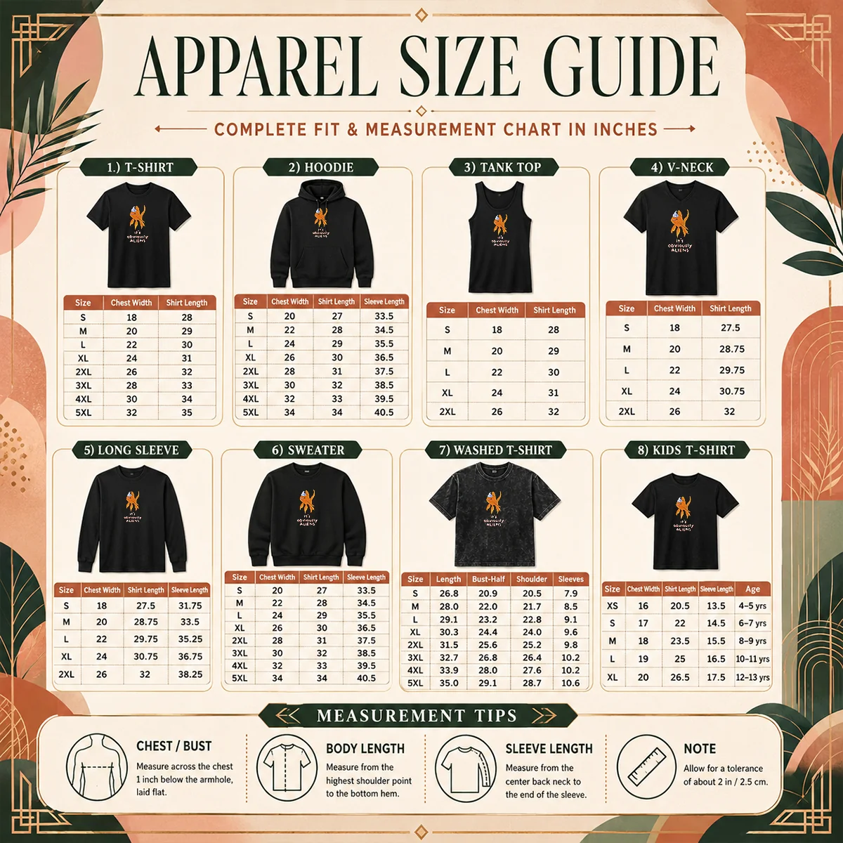 Pretty Goldfish Wearing Tin Foil Hat It Is Obviously Aliens Size Chart Size chart for Pretty Goldfish Wearing Tin Foil Hat It Is Obviously Aliens with measurements in inches and cm