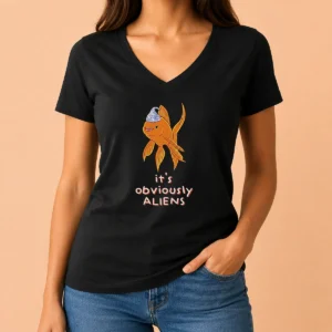 Pretty Goldfish Wearing Tin Foil Hat It Is Obviously Aliens V Neck Shirt in white, featuring a quirky goldfish graphic and comfortable V neck style