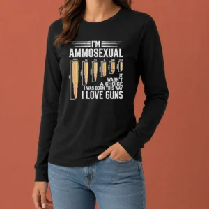 Pretty I'M Ammosexual I Love Guns Bullet Caliber Chart Long Sleeve Shirt showing bullet caliber chart print on front