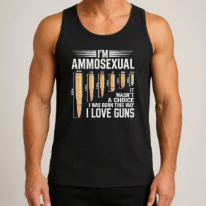 Pretty I'M Ammosexual I Love Guns Bullet Caliber Chart Tank Top in black, sleeveless casual wear with bold graphic print