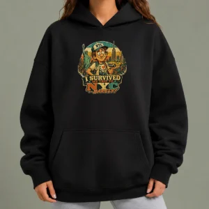 Pretty I Survived My Trip To NYC Vintage Travel Humor Hoodie in soft fabric with front pocket and drawstring hood