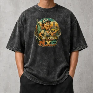 Pretty I Survived My Trip To NYC Vintage Travel Humor washed t shirt in faded colors, front view