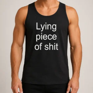 Pretty Lying Piece Of Shit Quote Sarcastic Insult Tank Top in black, casual sleeveless shirt with bold white text