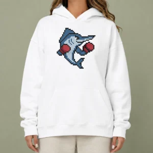 Pretty Miami Marlins Mascot Wearing Gloves El Caballo Pixel Style Hoodie in navy blue with front graphic