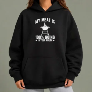 Pretty My Meat Is 100 Percent Going In Your Mouth BBQ Grill Hoodie in charcoal gray, front view with kangaroo pocket and drawstring hood