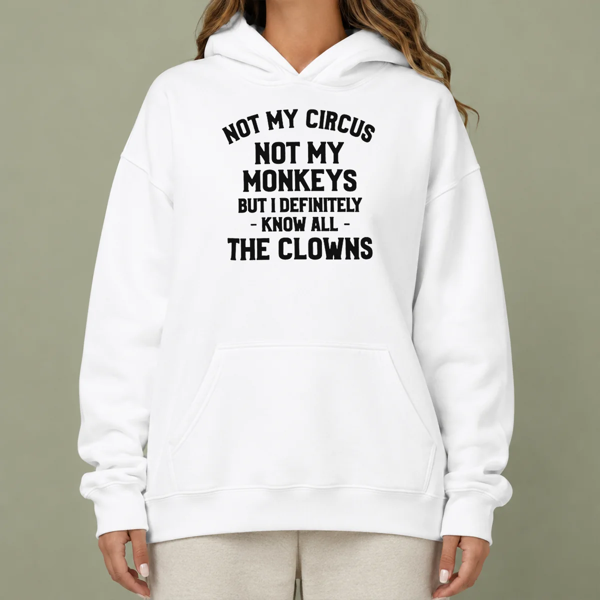 Pretty Not My Circus Not My Monkeys But I Definitely Know All The Clowns Hoodie in black, front view with bold white and red text design