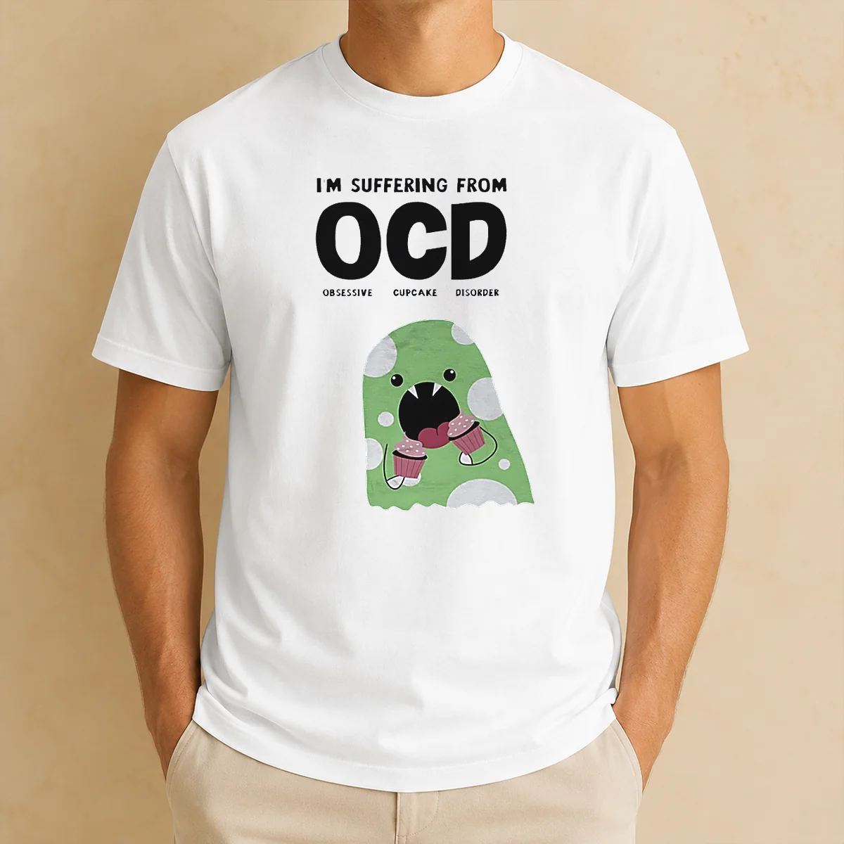 Pretty Ocd Obsessive Cupcake Disorder Monster Eating Im Suffering From t shirt in black, front view with colorful cupcake monster graphic