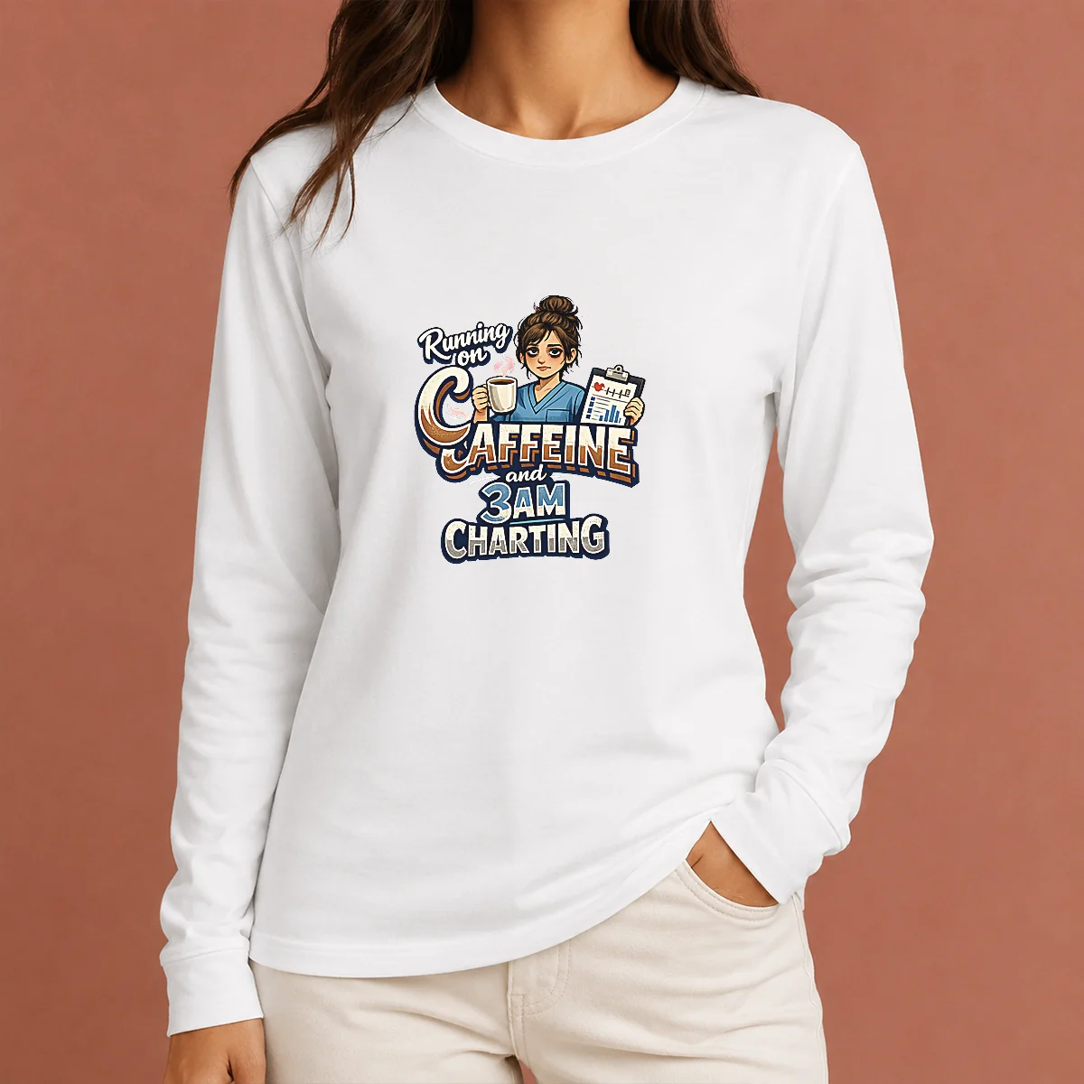 Tired Nurse Running on Caffeine Typography Long Sleeve Shirt