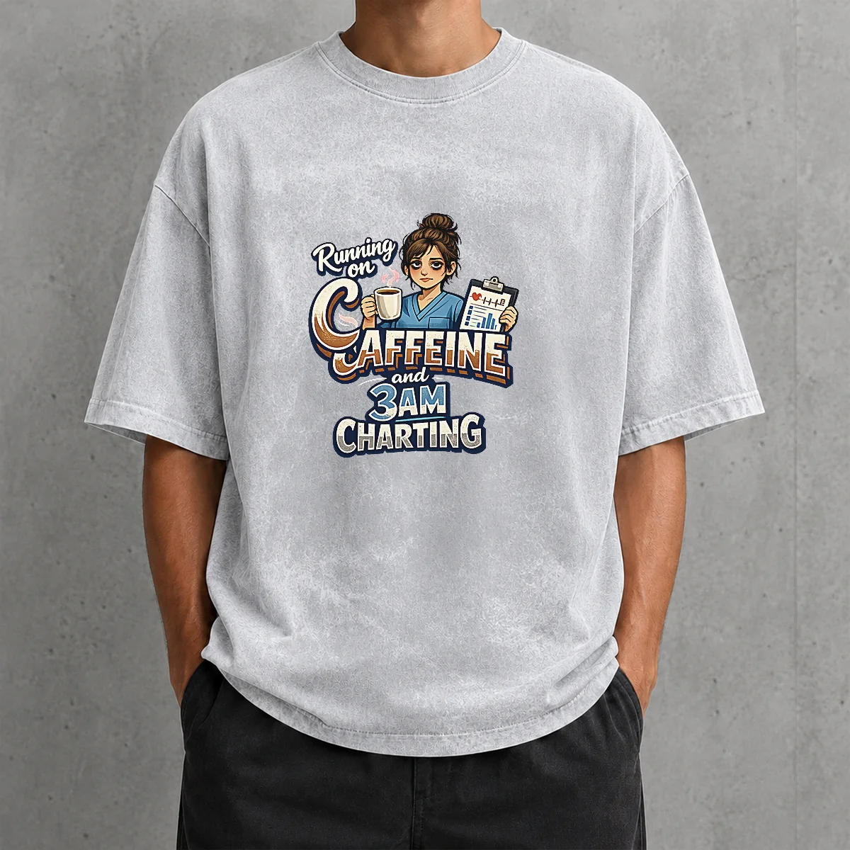 Tired Nurse Running on Caffeine Typography Washed T-Shirt