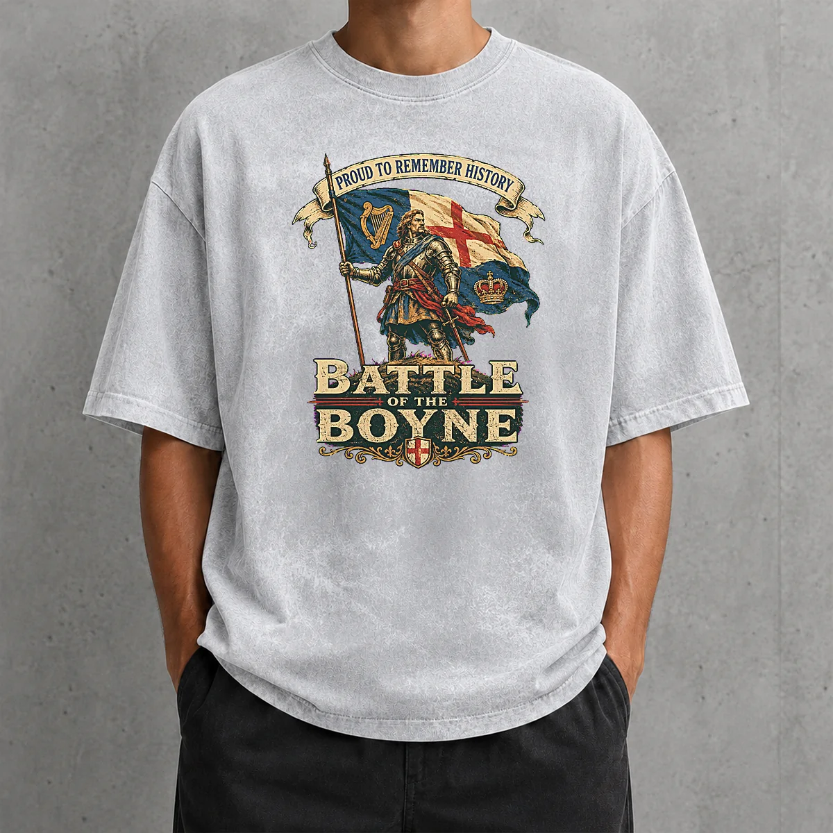 Top Battle Of The Boyne Pride Vintage Washed T Shirt in faded colors with classic crew neck and short sleeves