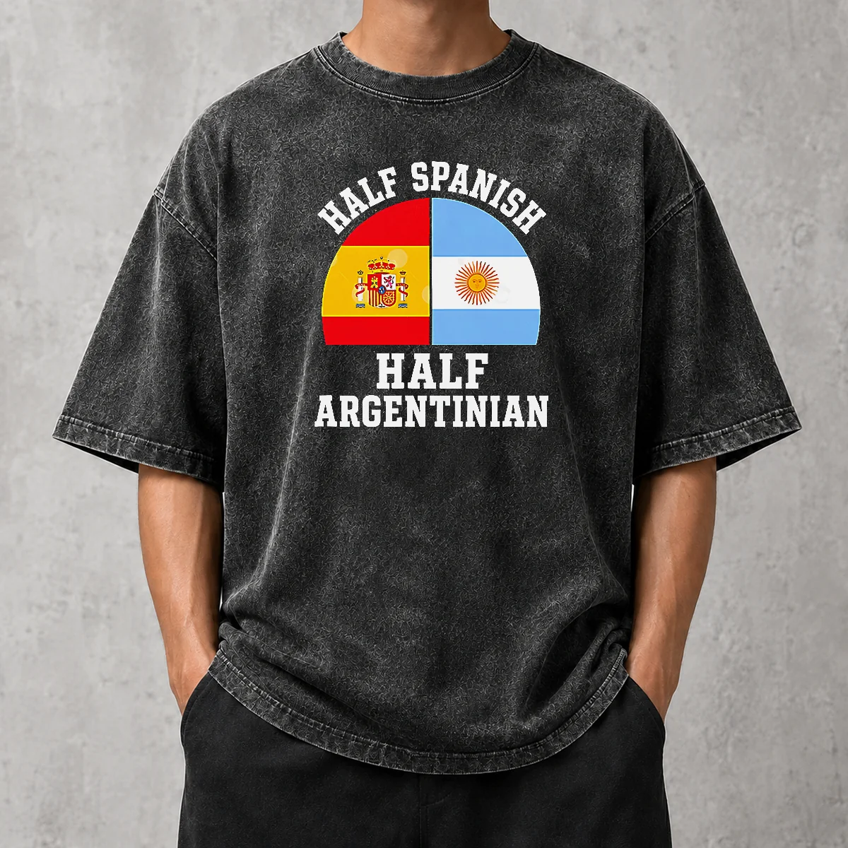 Top Funny Half Spanish Half Argentinian Flags Washed T Shirt showing front print on soft cotton fabric