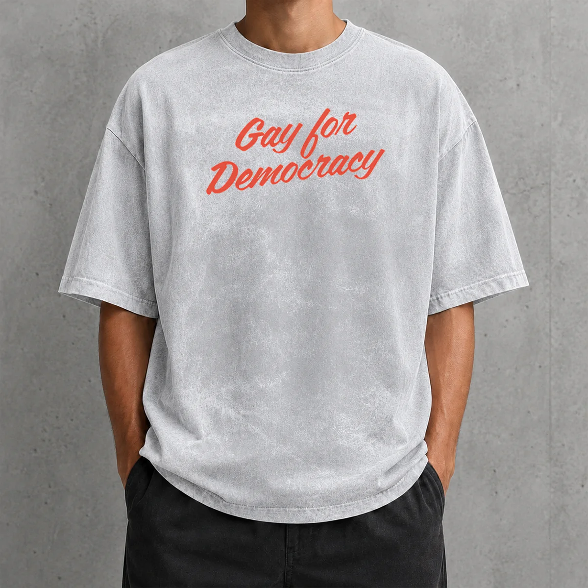 Top Gay For Democracy Washed T Shirt in soft cotton fabric with a vintage washed look