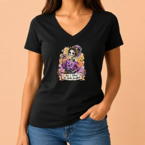 Top Halloween Skeleton Girl Coffee Quote Watercolor V-Neck Shirt