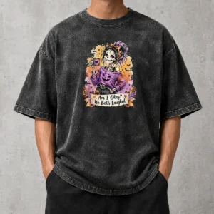 Top Halloween Skeleton Girl Coffee Quote Watercolor Washed T-Shirt