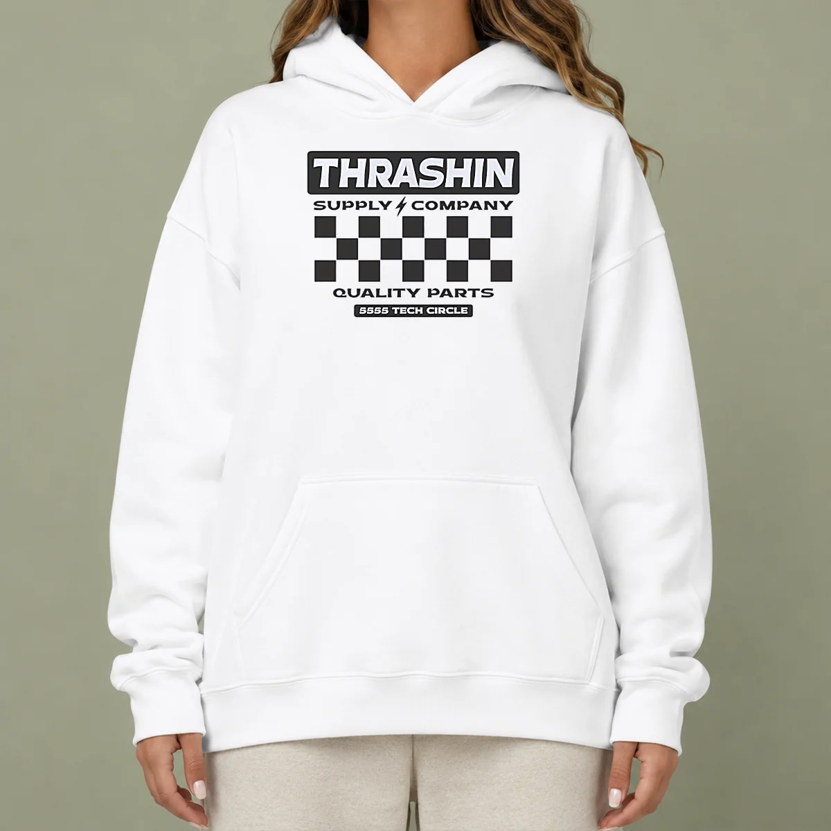 Top Thrashin Supply Company Quality Parts Hoodie in black with front logo print, comfortable pullover style