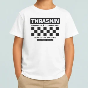 Top Thrashin Supply Company Quality Parts Kids T Shirt featuring vibrant graphic print on soft cotton fabric