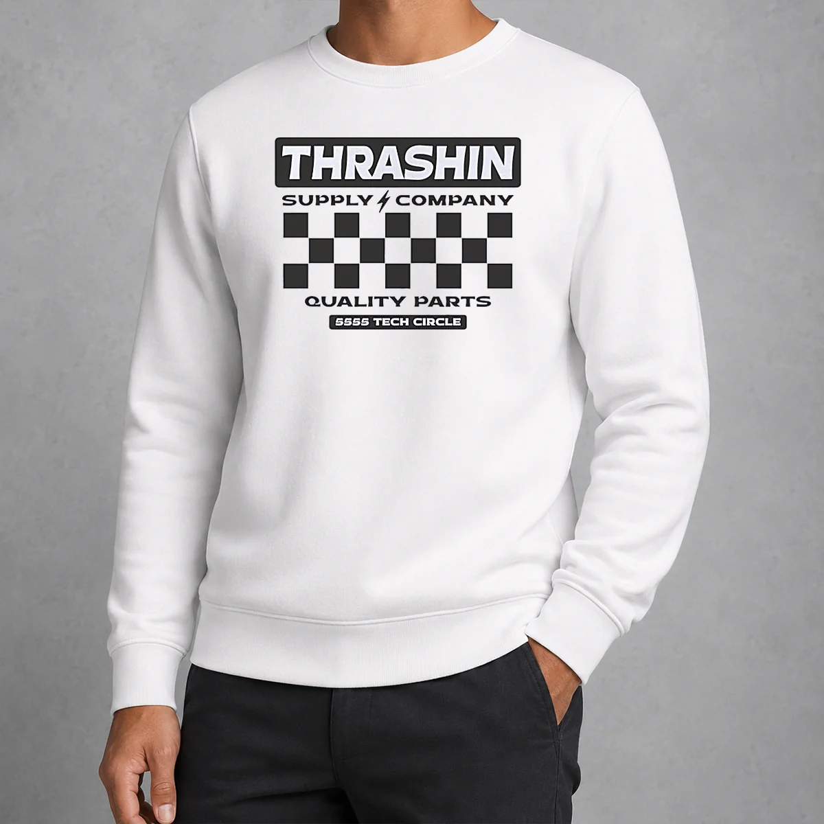 Top Thrashin Supply Company Quality Parts Sweater in dark gray with printed logo on chest, long sleeves and ribbed cuffs