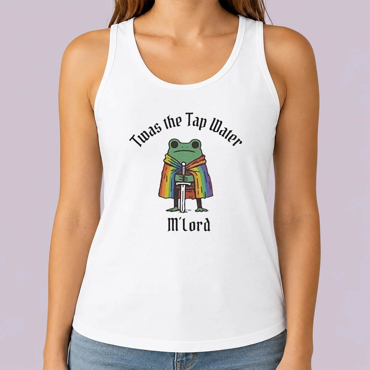 Top Twas The Tap Water Frog LGBTQ Pride Tank Top featuring colorful frog graphic and rainbow pride accents on sleeveless cotton fabric