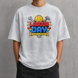 Funny Nice Labour Day Pixel Art Thank You Workers Hard Hat Washed T-Shirt