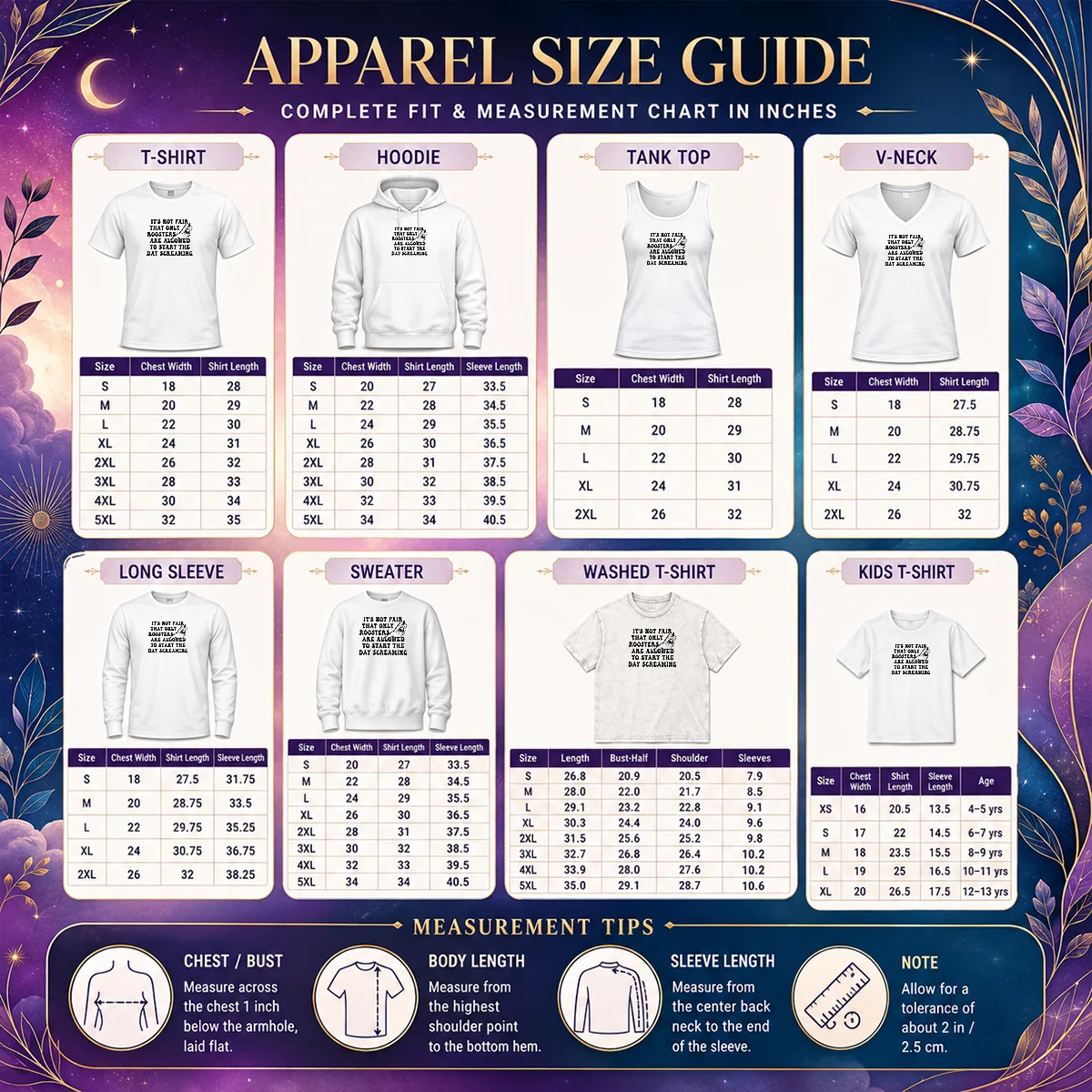 Hot Pretty It'S Not Fair That Only Roosters Are Allowed To Start The Day Screaming Size Chart Size chart for Hot Pretty It'S Not Fair That Only Roosters Are Allowed To Start The Day Screaming with measurements in inches and cm to help choose the right fit