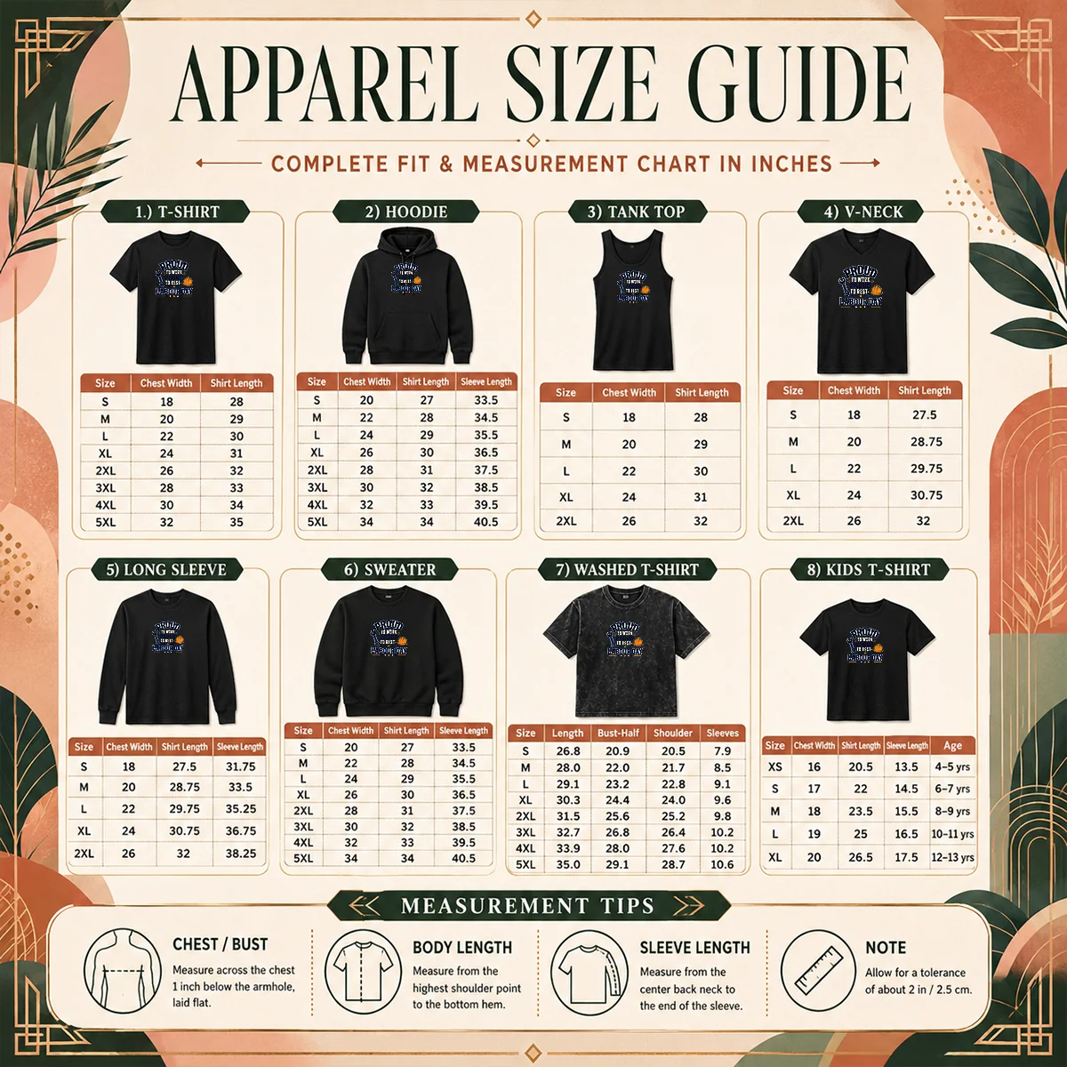 Nice Pretty Labour Day Pride Typography For Workers Size Chart Size chart for Nice Pretty Labour Day Pride Typography For Workers with measurements in inches and cm to help choose the right fit