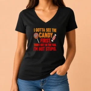 Official Awesome I Gotta See The Candy First The I Get In The Van I'M Not Stupid V-Neck Shirt