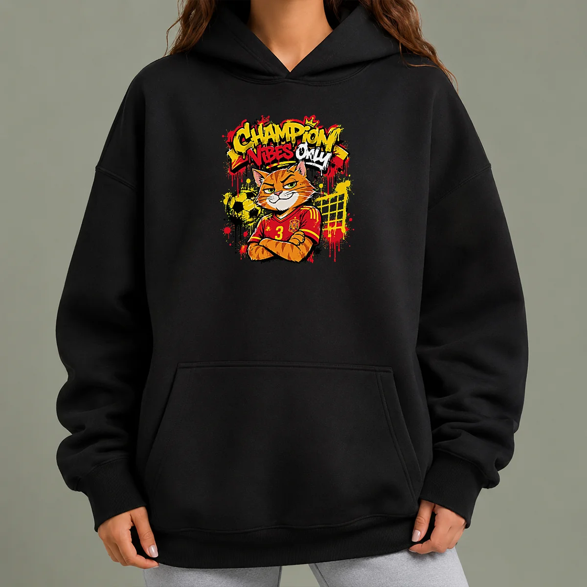 Premium Hot Spanish Soccer Cat Champion Vibes Graffiti Hoodie