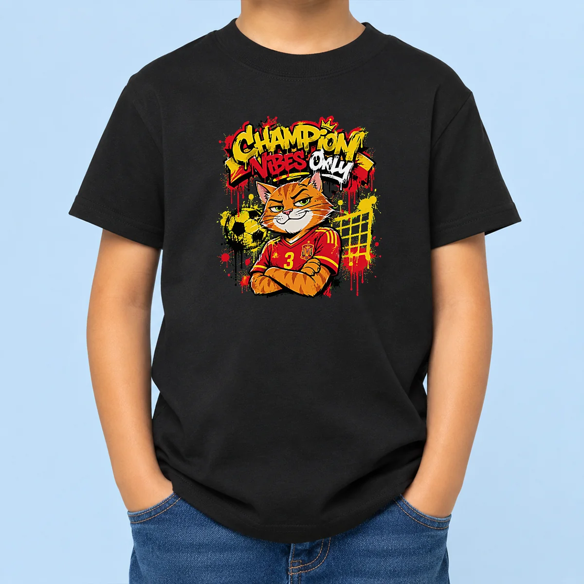 Premium Hot Spanish Soccer Cat Champion Vibes Graffiti Kids T-Shirt