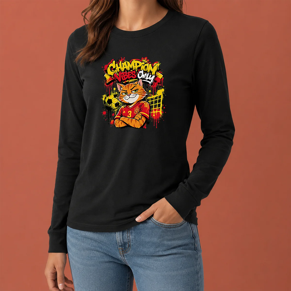 Premium Hot Spanish Soccer Cat Champion Vibes Graffiti Long Sleeve Shirt