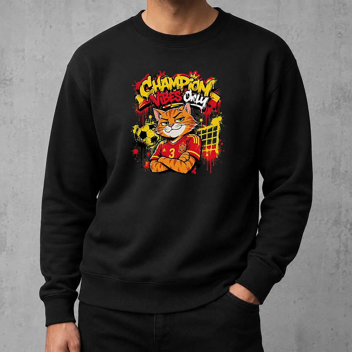 Premium Hot Spanish Soccer Cat Champion Vibes Graffiti Sweater