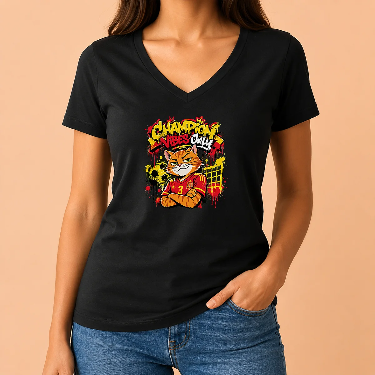 Premium Hot Spanish Soccer Cat Champion V-Neck Shirt Premium Hot Spanish Soccer Cat Champion V-Neck Shirt