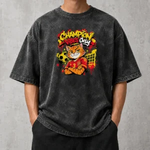 Premium Hot Spanish Soccer Cat Champion Vibes Graffiti Washed T-Shirt