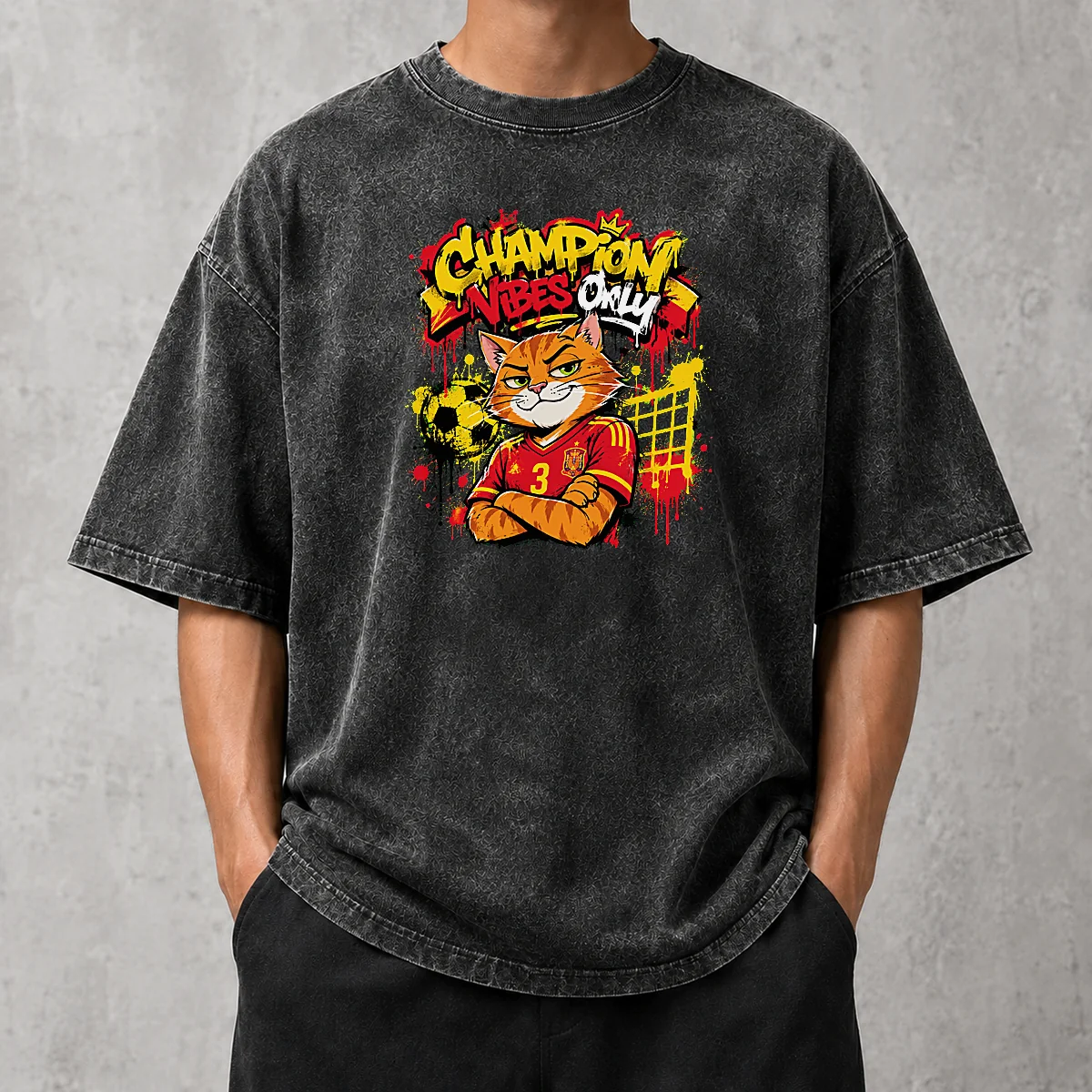Premium Hot Spanish Soccer Cat Champion Vibes Graffiti Washed T-Shirt