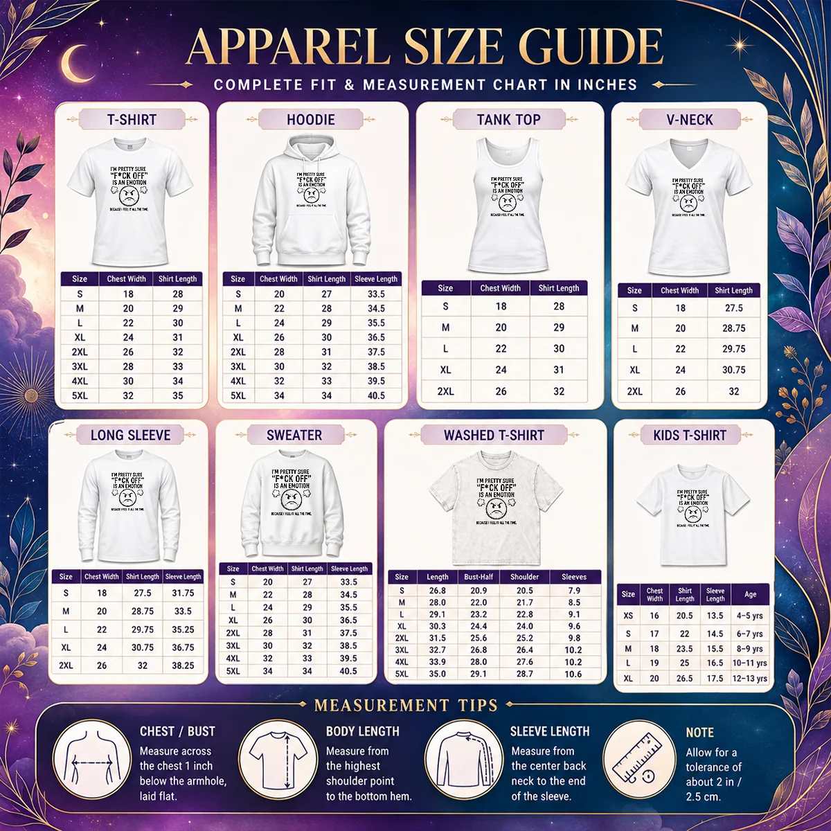 Premium Original I'M Pretty Sure F Ck Off Is An Emotion Because I Feel It All The Time Size Chart Size chart for Premium Original I'M Pretty Sure F Ck Off Is An Emotion Because I Feel It All The Time with measurements in inches and cm to help choose the right fit